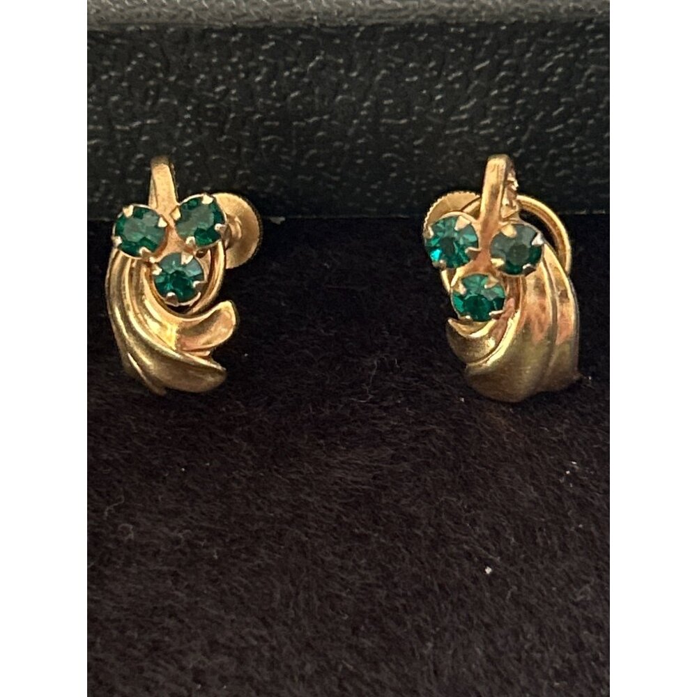 Vintage Gold-Tone Screw Back Earrings W/ Green Rhinestone & Swirl Design